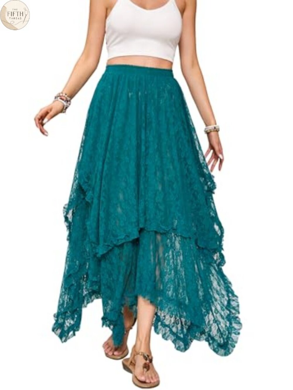 Lace See Through Floral Maxi Skirt Handkerchief Hem Cover Up